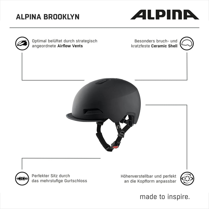 ALPINA BROOKLYN - Beleuchteter, Robuster und Komfortabler Urban Fahrradhelm Mit LED-Licht Für Erwach