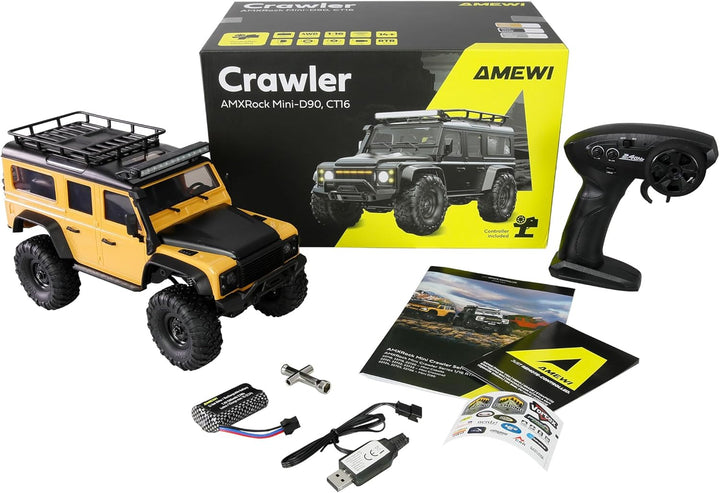 Amewi AMXRock Mini-D90 Scale Crawler 4WD 1:16 RTR gelb inkl. Fernsteuerung, Akku, Ladekabel