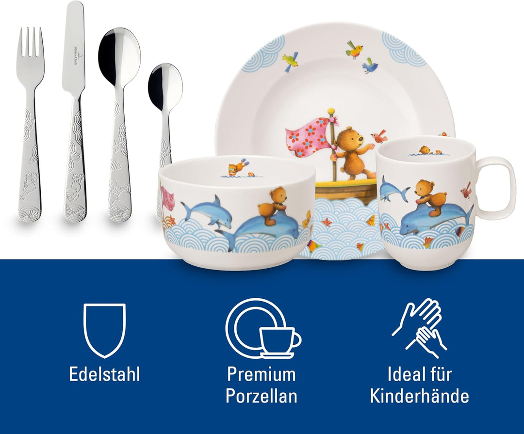 Villeroy &amp; Boch – Happy As A Bear Set Mit Kinderbesteck Und Kindergeschirr 7 Teilig, Spülmaschinenfe