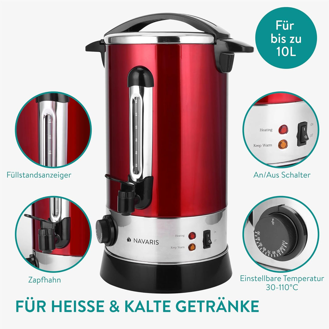 Navaris Glühweinkocher Heisswasserspender aus Edelstahl - 10l - mit Thermostat Füllstandanzeige Zapf