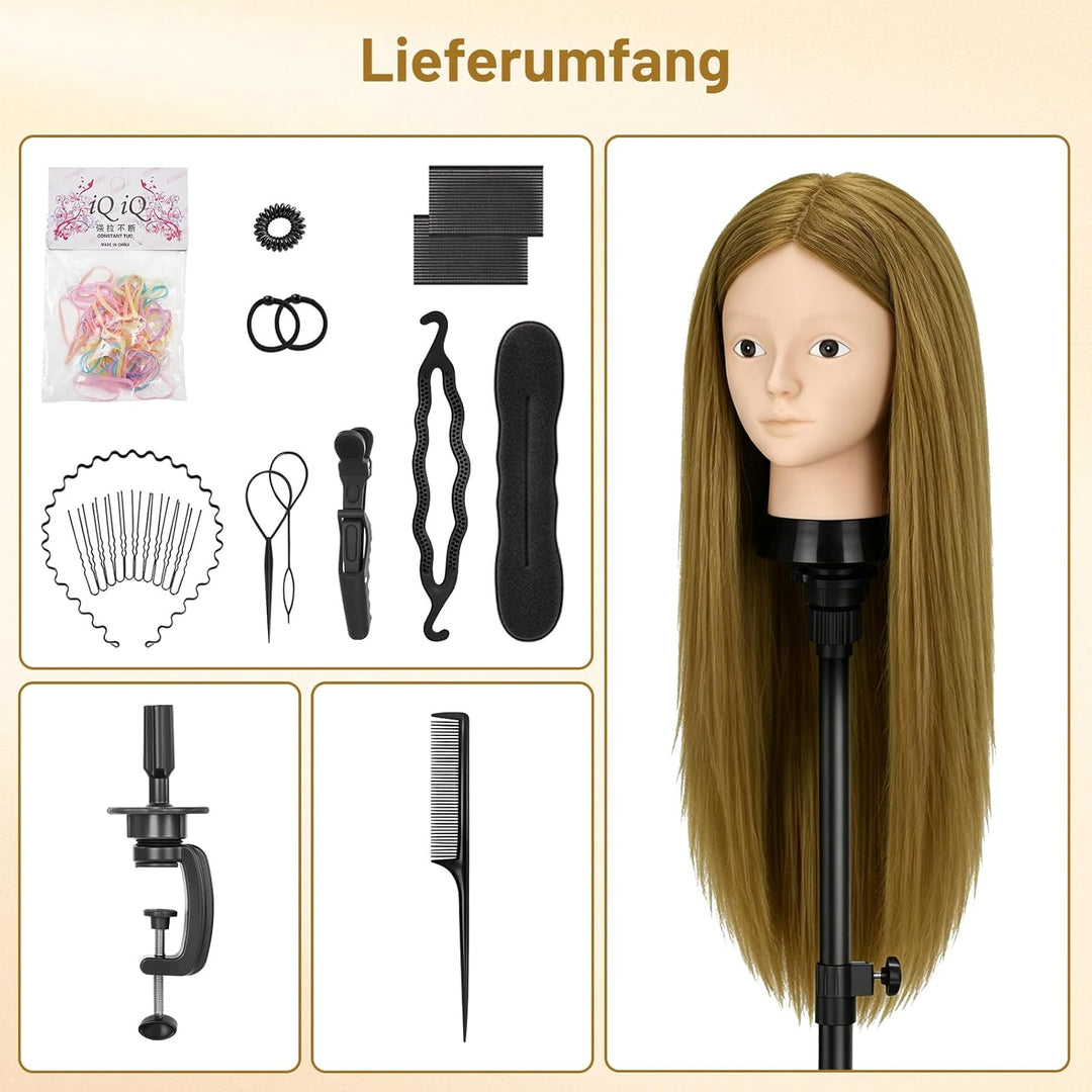 TwoWin Friseurkopf mit Haaren, 24 Zoll (61 cm) 80% Echthaar Mannequin Kopf, Make-up Übungskopf, Trai