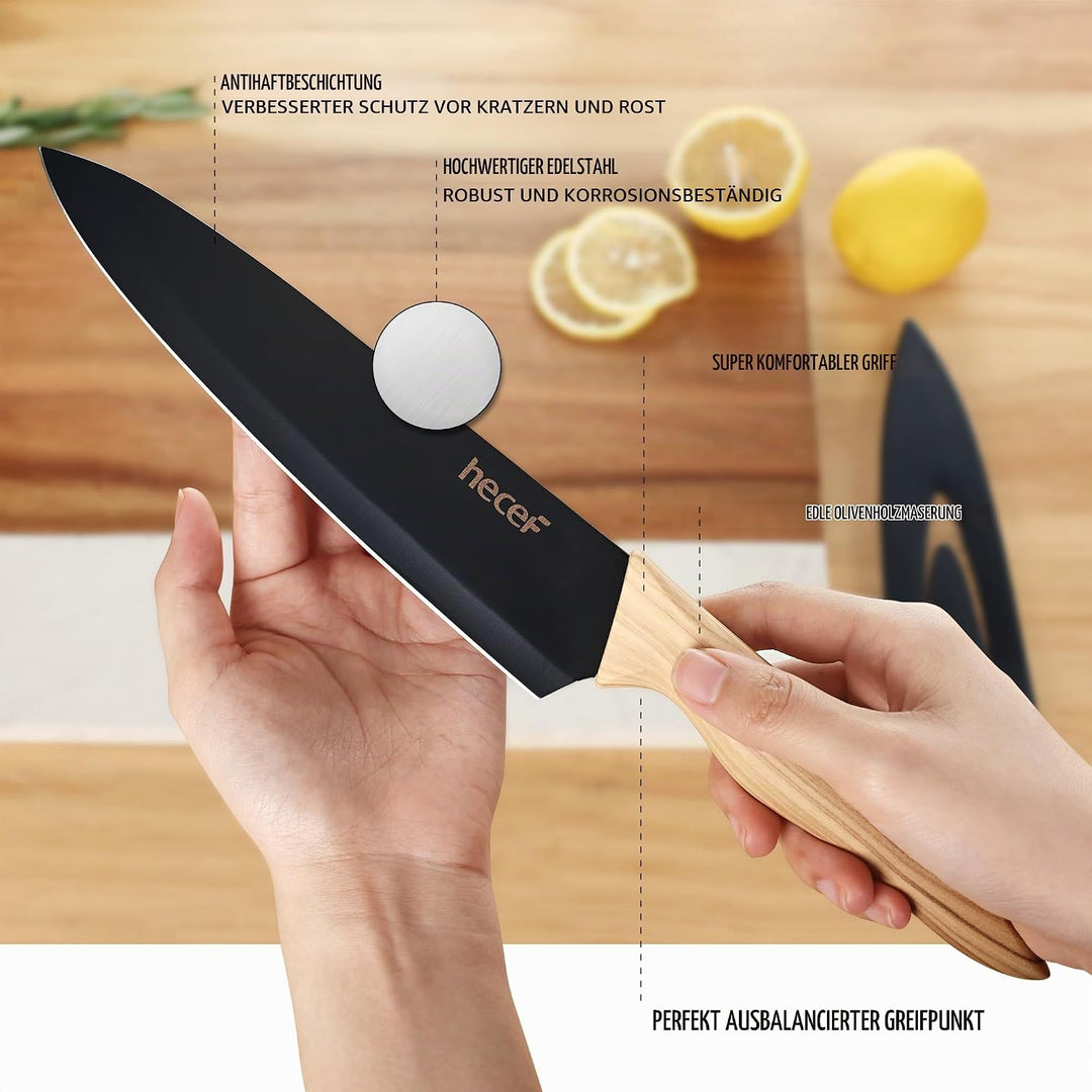 hecef Messerblock Set 6 Teilig, Edelstahl Küchenmesser mit Universalblock, Chefmesser &amp; Santoku, Ext