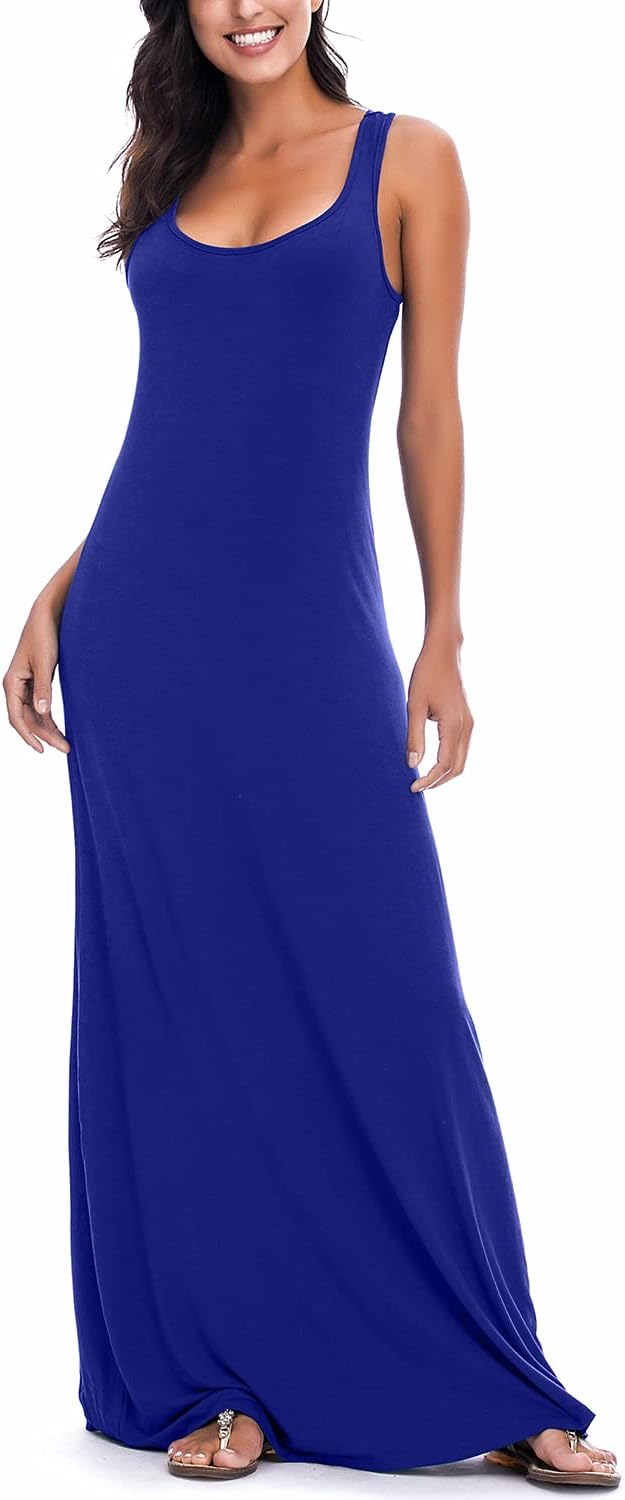 EXCHIC Damen Sommer Leichte Ärmellos Strand Maxi Kleid Elegant Elastisch Tunika Lang Kleider L König