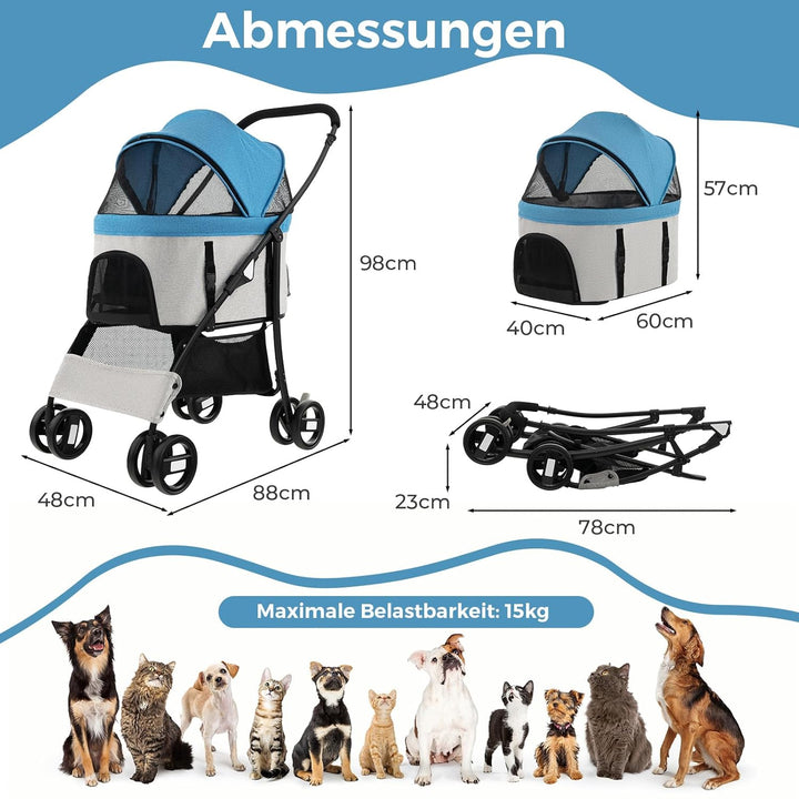 COSTWAY 3 in 1 Hundewagen, Hundebuggy klappbar, bis 15 kg, Haustierwagen mit Netzfenstern | verstell