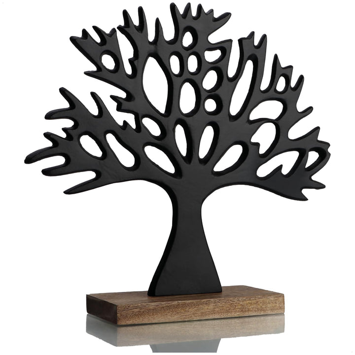 com-four® Deko-Aufsteller Baum - Metall-Baum auf Mangoholz-Sockel - Deko-Baum aus Metall zum Hinstel