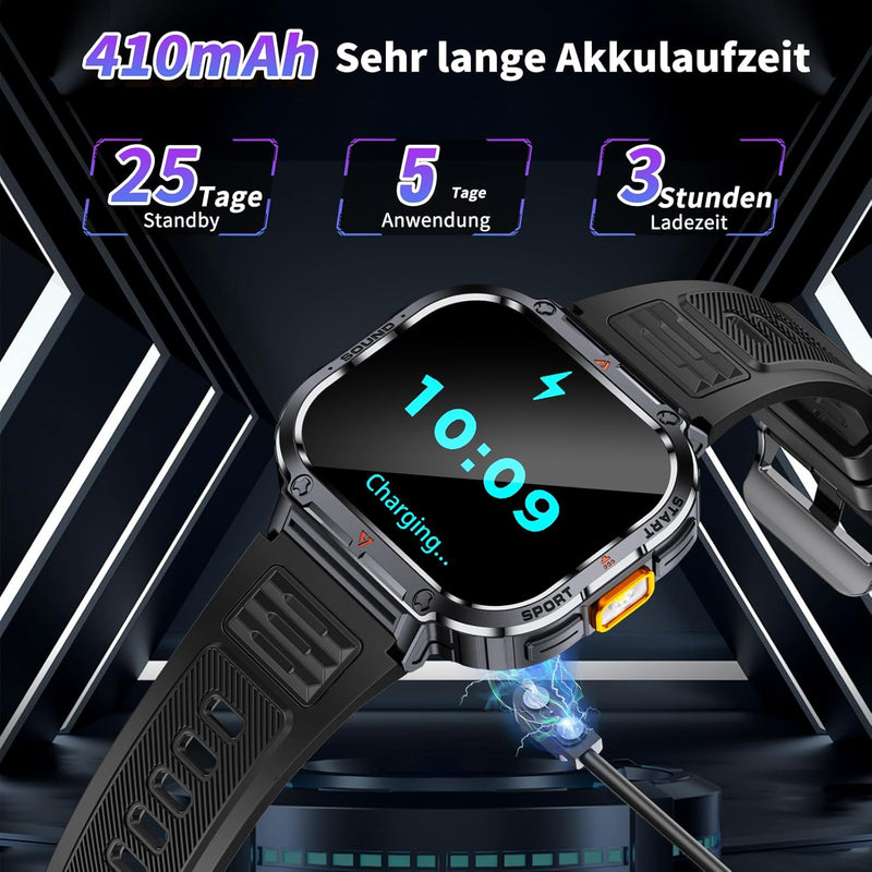 Smartwatch Herren mit Telefonfunktion, 2.0" HD Militär Uhr mit LED Taschenlampe/IP68 Wasserdicht, 10