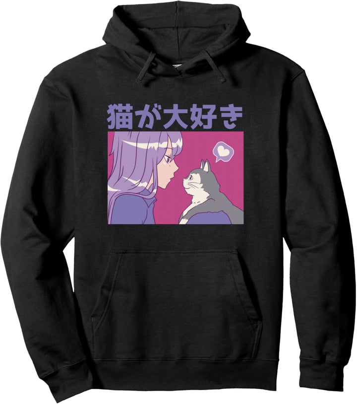 Anime Girl Talking to Cat Cute Retro Grafik Pullover Hoodie
