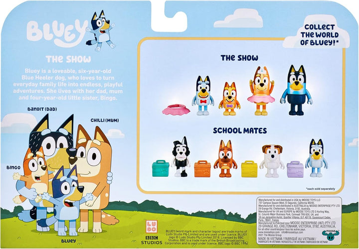Bluey "The Show 4er-Pack 6,3–7,6 cm offizielle Actionfiguren, Bingo, Chili (Mama) und Bandit (Papa)