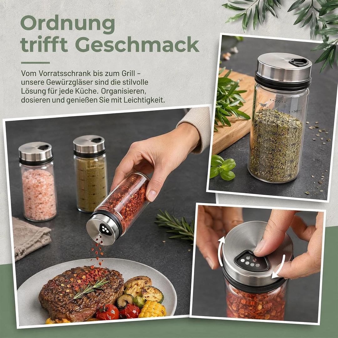 4 Stück 200ml Gewürzgläser mit Drehdeckel , Borosilikatglas Gewürzstreuer , 4-fach Verstellbare Stre