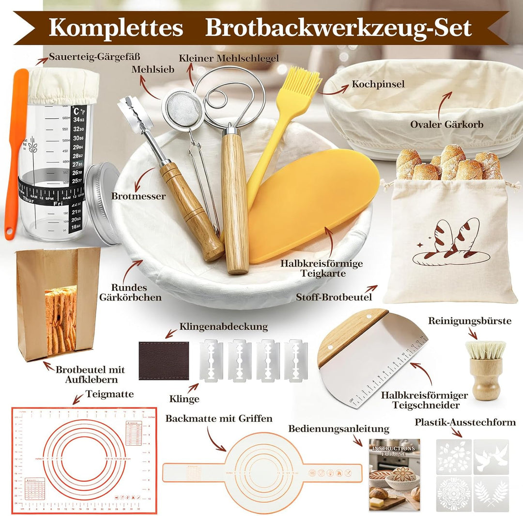Sauerteig Starter Set mit Gärkörbchen, Brot Backen Zubehör Komplettset, Sauerteig Zubehör für perfek