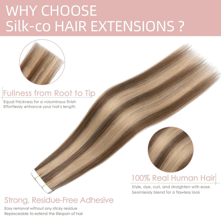 Silk-co Tape Extensions Echthaar 20stk, Haarverlängerung Tape in Extensions Echthaar, Remy Haarexten