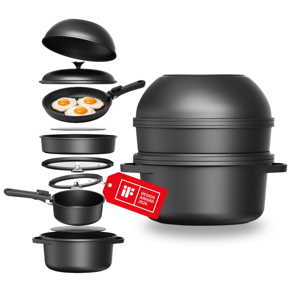 Pro Topf und Pfannenset 12-teilig Induktion, Abnehmbarer Griff, Stapelbar, Platzsparend, Backofenfes