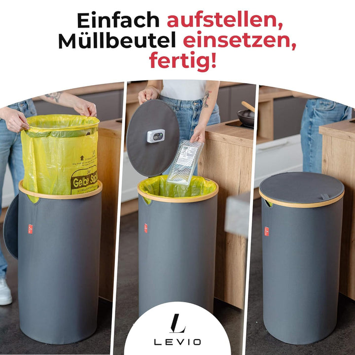 Levio® Gelber Sack Ständer mit Deckel – Müllsackhalter [80L mit Geruchsfilter] – Mülltonne Gelber Sa