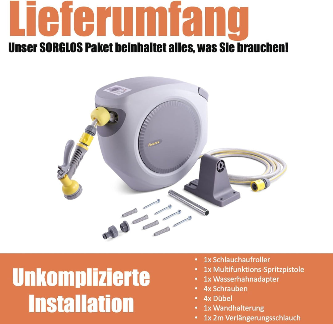 FANZTOOL 35m Schlauchtrommel Set mit Wandhalterung Inkl. 8-Funktionen-Multi-Handbrause | Automatik E