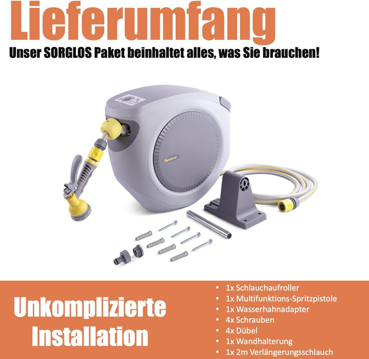 FANZTOOL 35m Schlauchtrommel Set mit Wandhalterung Inkl. 8-Funktionen-Multi-Handbrause | Automatik E