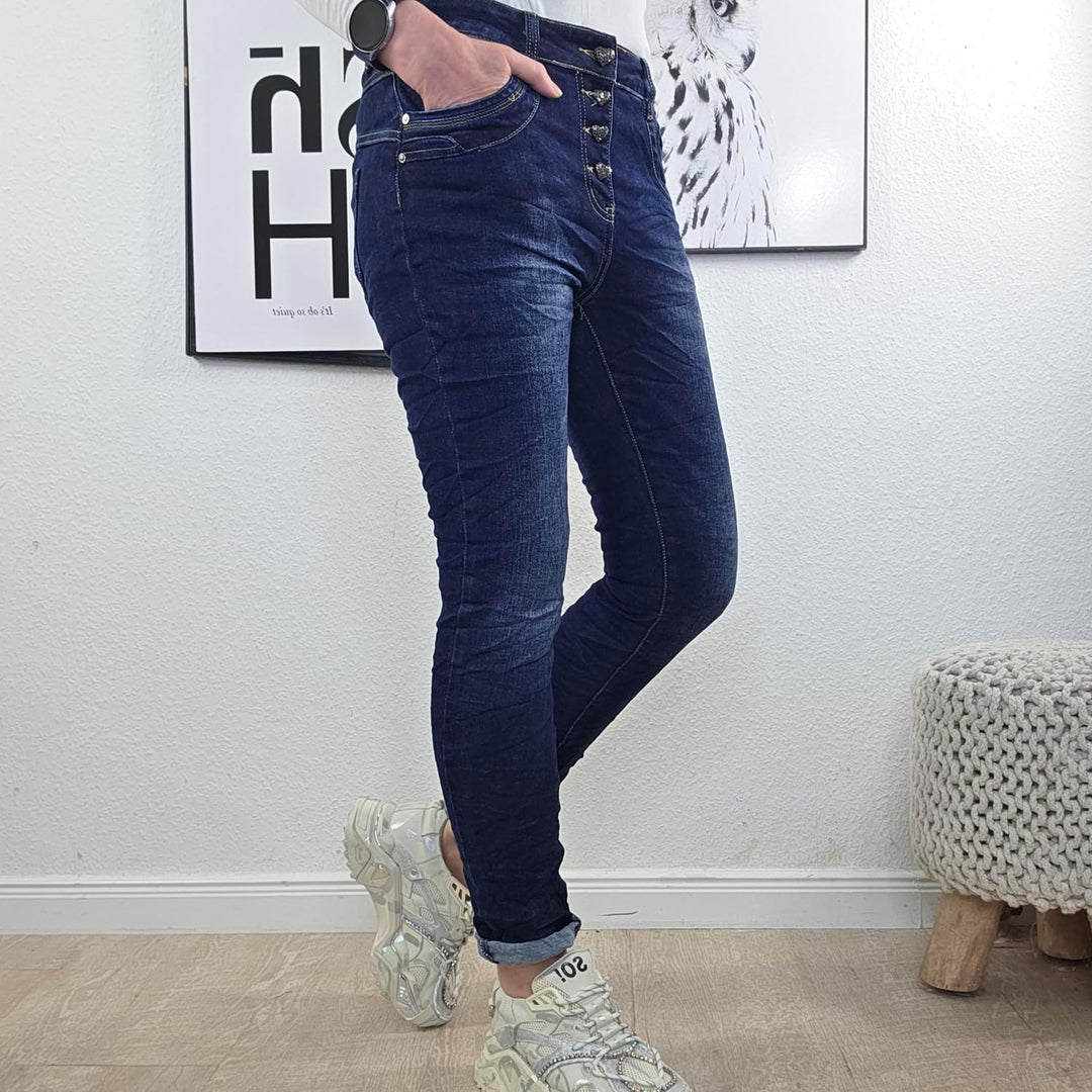 Jewelly Stretch Jeans| im Baggy Boyfriend Schnitt| Damen Hose mit dekorativer Knopfleiste| Perfekter