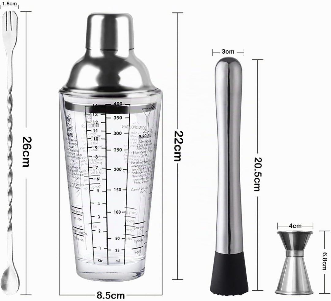Cocktail Shaker, 400ml Professional Glas Cocktail Set, Cocktailshaker Zubehör Messbecher Coctail Mix