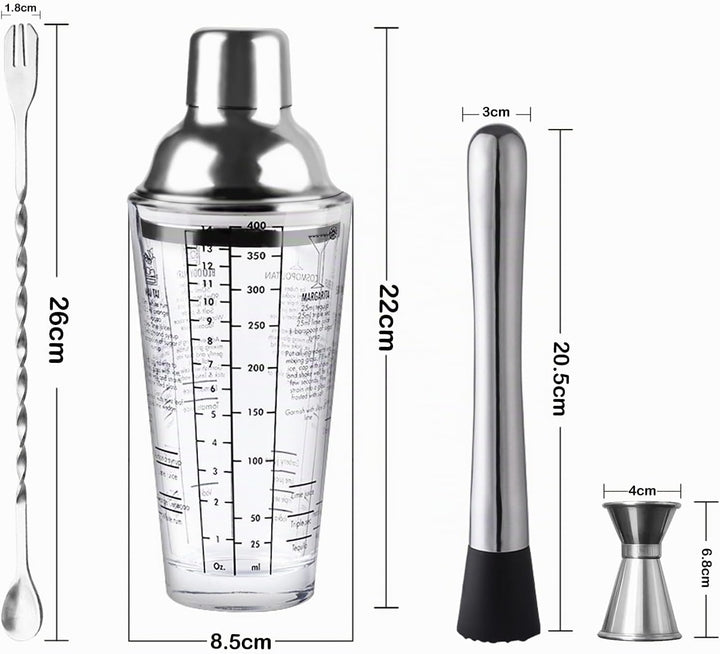 Cocktail Shaker, 400ml Professional Glas Cocktail Set, Cocktailshaker Zubehör Messbecher Coctail Mix