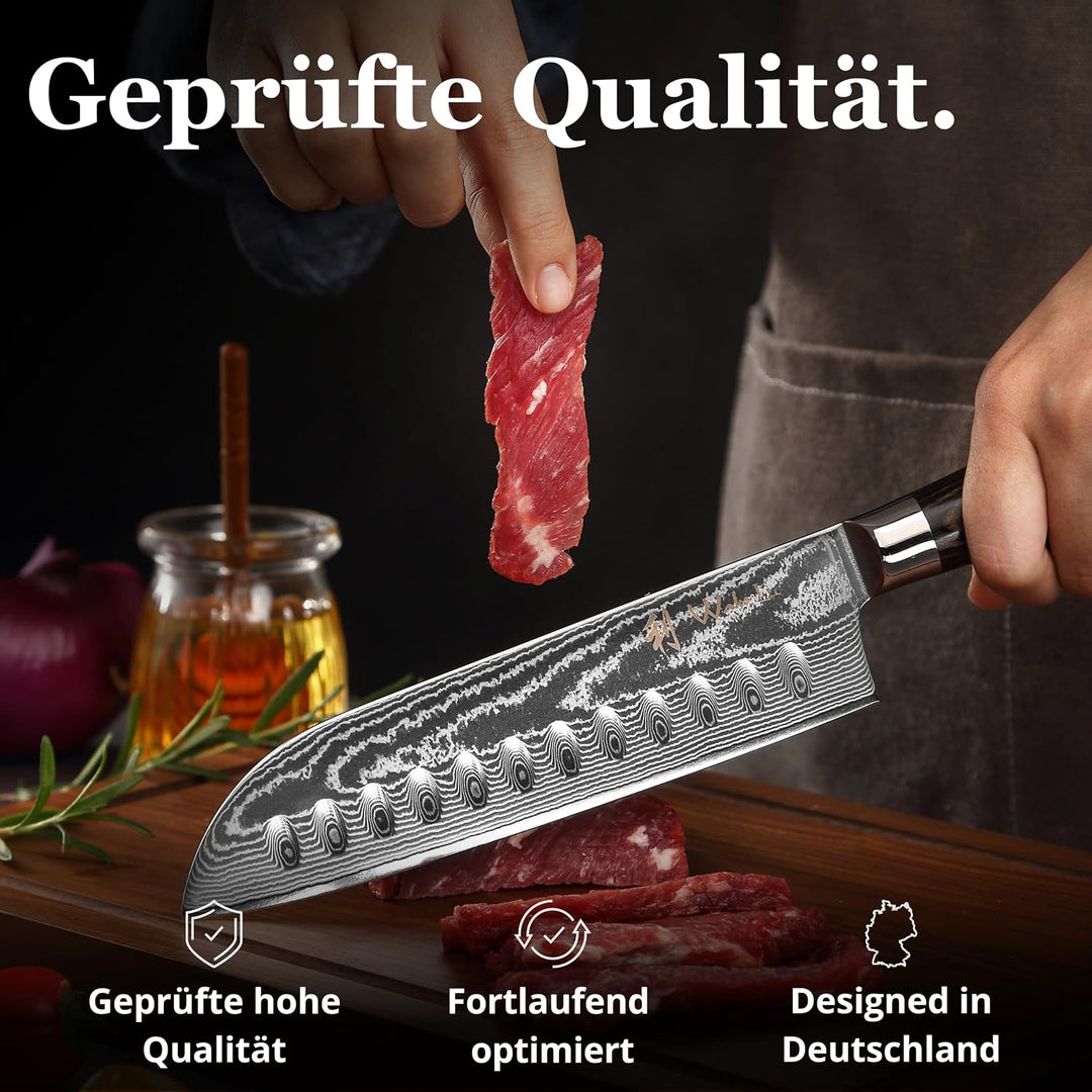 Wakoli EDIB Essentials 2er Damast Küchenmesser Set - 12cm & 18cm Santoku Messer aus 67 Lagen Damasts