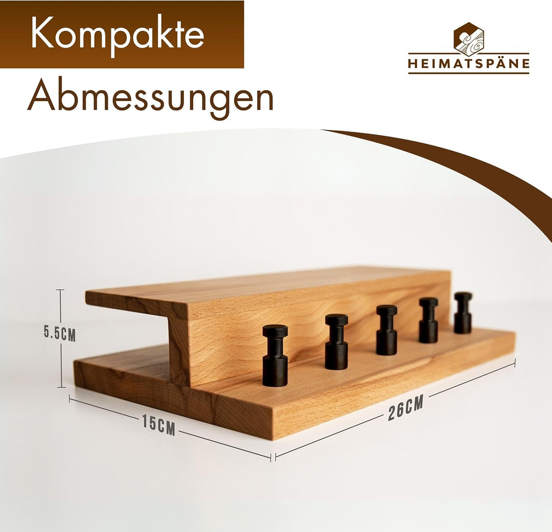 Schlüsselbrett Holz mit Ablage - massive Kernbuche, hochwertige schwarze Edelstahlhaken, Schlüsselbo