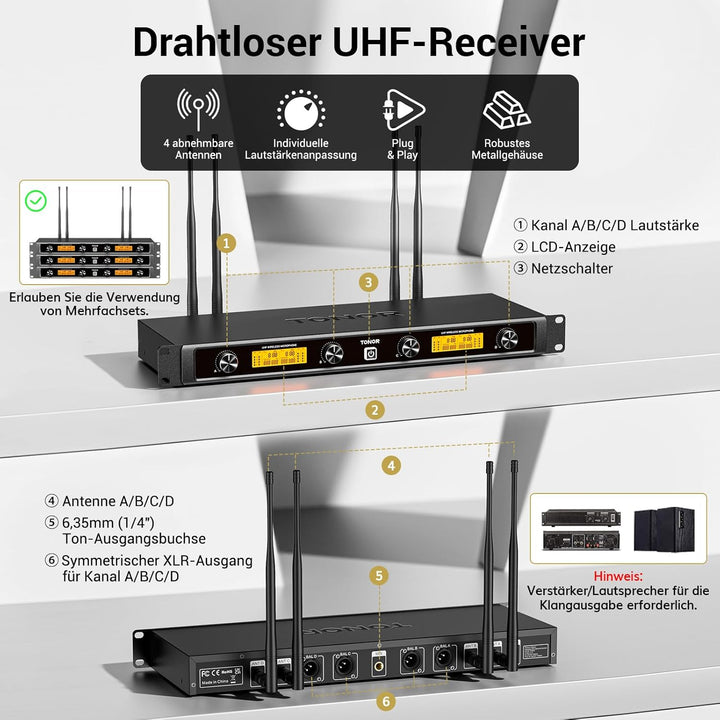 TONOR 4-Kanal UHF Mikrofon Kabellos Set mit Handmikrofon/Bodypack Transmitter/Headset Funkmikrofon/L