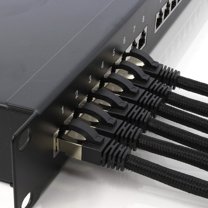 1aTTack.de 5m - Black Cotton CAT 6a Patchkabel Schwarz - 5 Stück Netzwerkkabel Stoff Baumwollmantel
