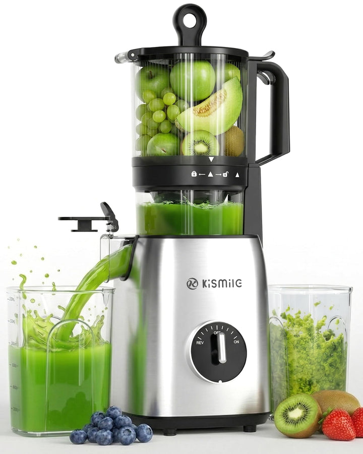 Kismile Entsafter, Slow Juicer mit 135 MM XL-Einfüllschacht, Hohe Saftausbeute für Ganze Gemüse und