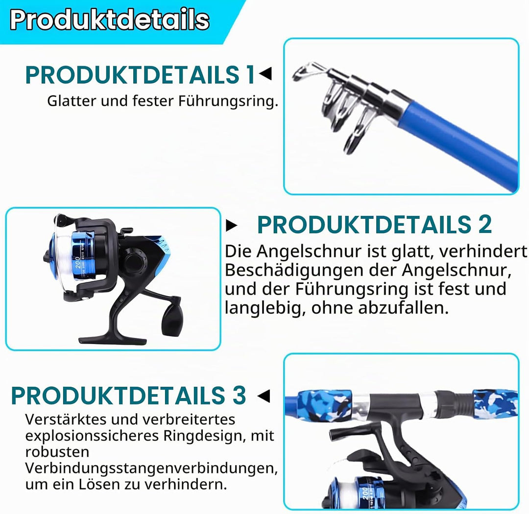 Angelset für Kinder, Kinderangel Starter Set Angelrute Set Kinder mit Angelrolle und Köder Set Angel