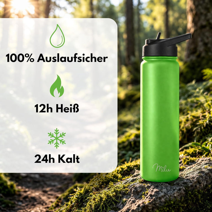 Milu Edelstahl Trinkflasche 500ml 750ml 1000ml (+3 Deckel) - Thermosflasche mit Strohhalm, Isolierte