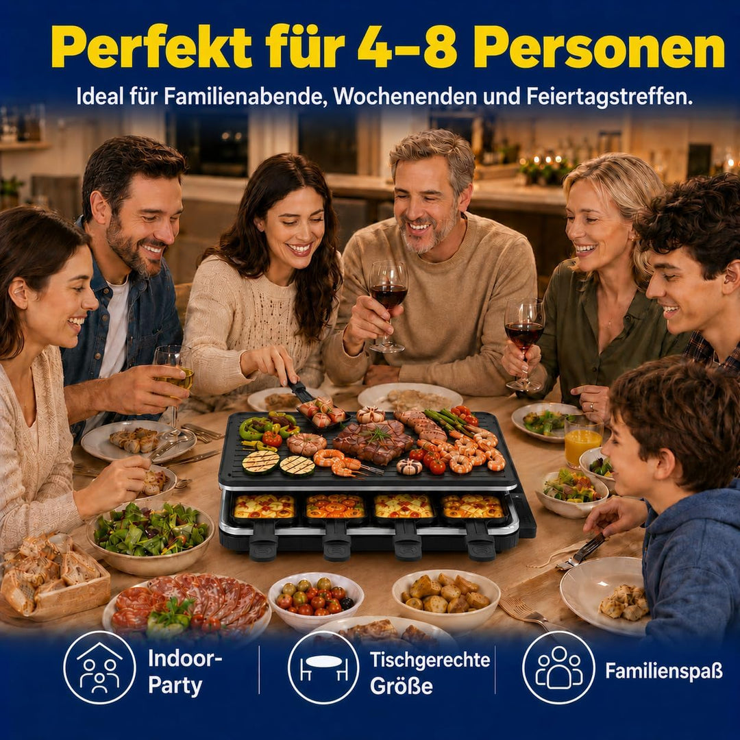 2-in-1 Raclette Grill, Raclette 8 Personen, 1300W Elektrogrill mit 1 Umkehrbarer Antihaft Grillplatt