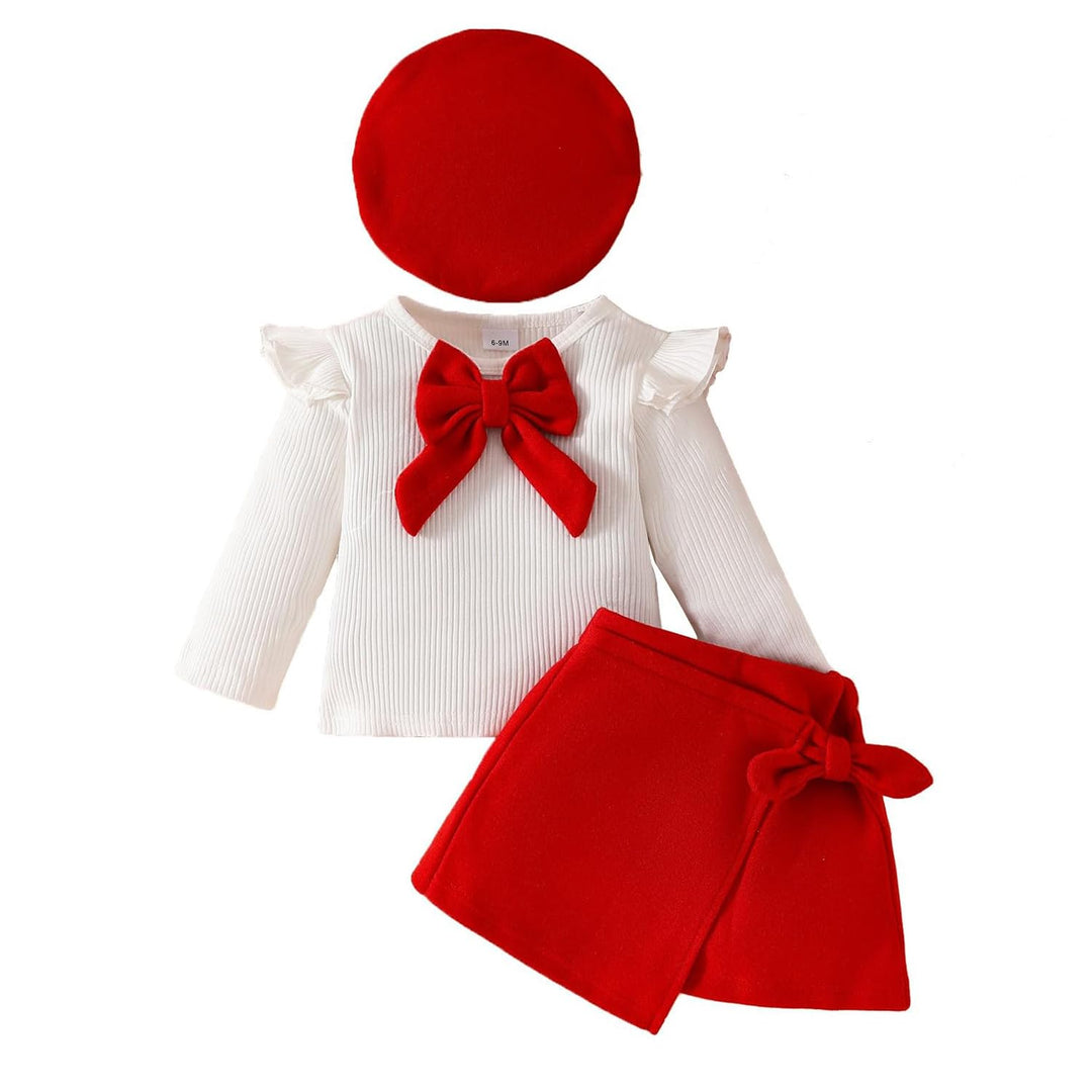 Kleinkind Baby Mädchen Outfits Rüschenärmel Gestrickt Bowknot Shirt + Elegant Mini Rock+ Baskenmütze