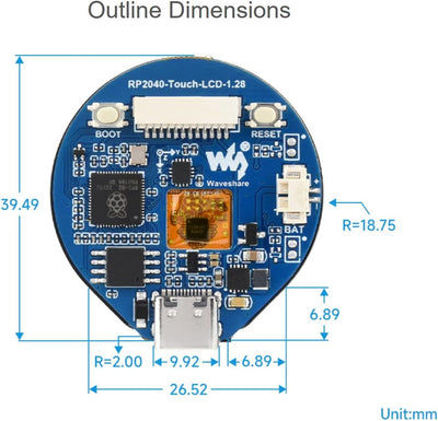 RP2040 Mikrocontroller Entwicklungsboard mit 1.28 Zoll Rundem Touch LCD, 240x240 Pixel 65K RGB Farbe