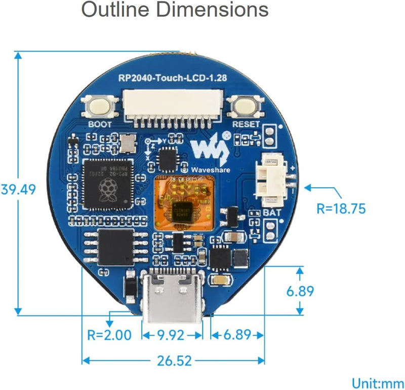 RP2040 Mikrocontroller Entwicklungsboard mit 1.28 Zoll Rundem Touch LCD, 240x240 Pixel 65K RGB Farbe