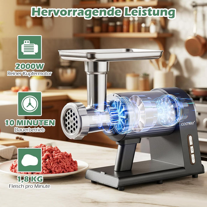 COSTWAY Elektrischer Fleischwolf, 2000W Hackfleisch maschine mit 3 Wurstfüllrohren, 3 Lochscheiben,