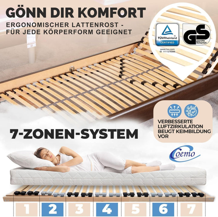Coemo Lattenrost für Betten mit 7-Zonen, 2er-Set, Kopfteil verstellbar, Camping Lattenrost, 90x200,