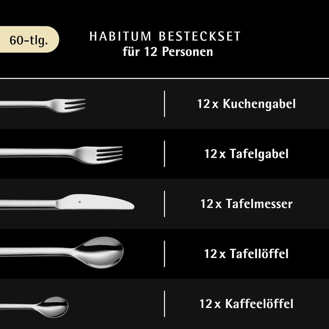 WMF Habitum Besteck Set 12 Personen, Essbesteck 60 teilig, Monobloc-Messer, Cromargan Edelstahl poli