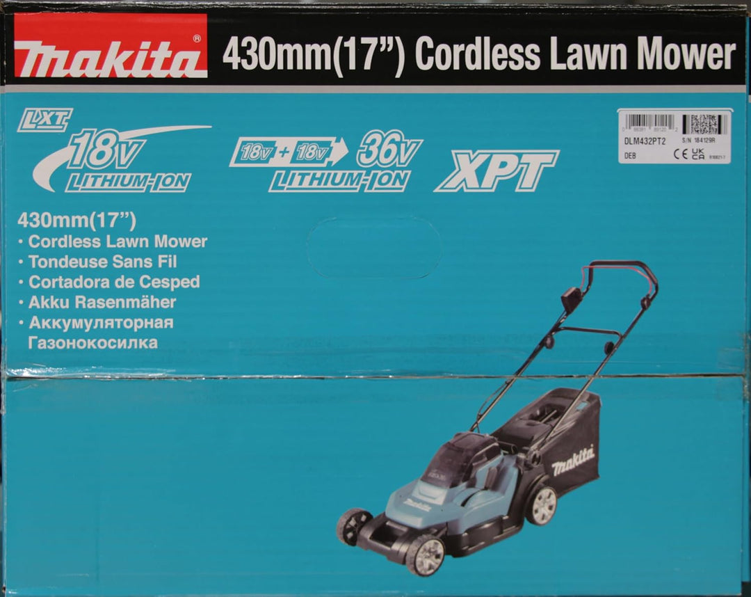 Makita DLM432PT2 Akku-Rasenmäher 2x18 V / 5,0 Ah, 2 Akkus + Doppelladegerät mit Akku und Ladegerät S