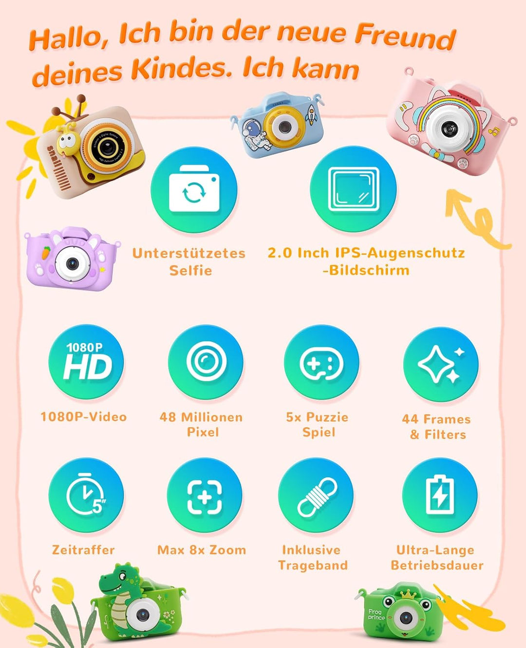 Kinderkamera ab 3-10 Jahre, Digitale Kamera Kinder mit 1080P Video &amp; 2 Zoll IPS Bildschirm, 44 lusti