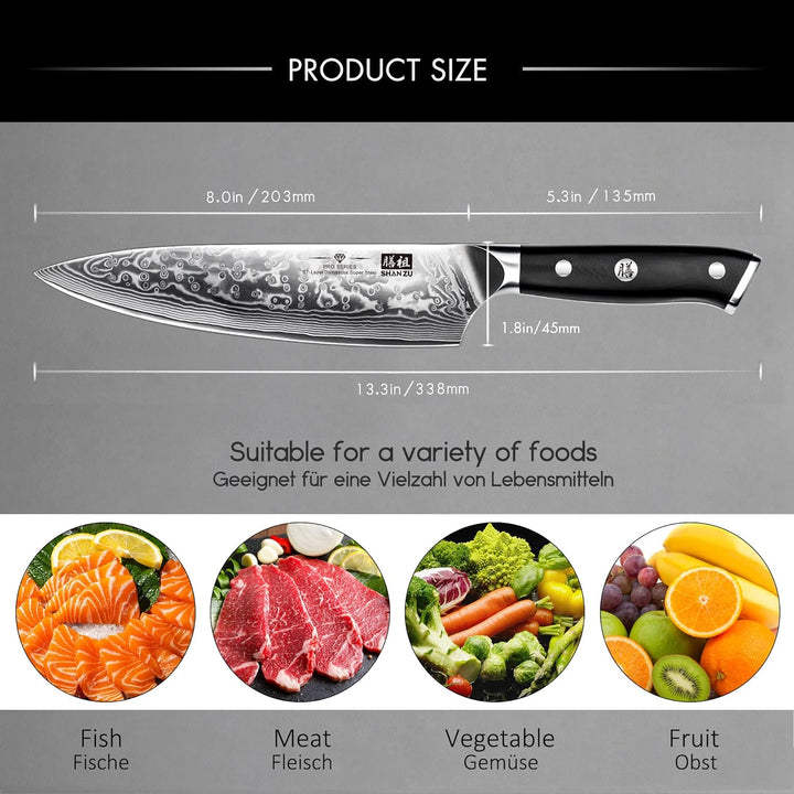 SHAN ZU Damastmesser Kochmesser 67 Schichten Damaststahl Küchenmesser mit G10 Griff 20CM - PRO Serie
