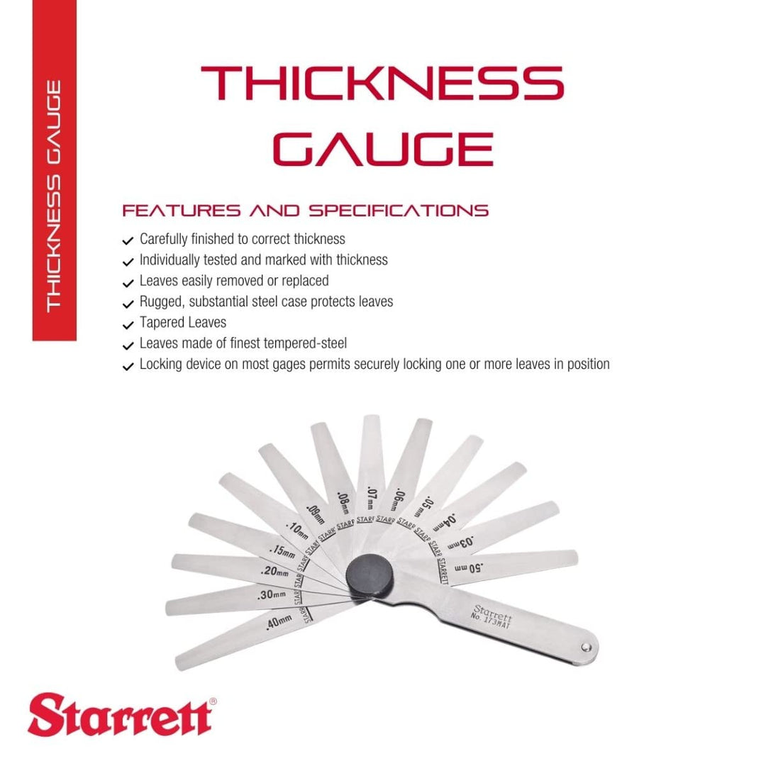 Starrett 173MAT Dickenmessgerät-Set mit konischen Flügeln, 0,03-0,50 mm Dicke, 77 mm Länge, 13 Blätt