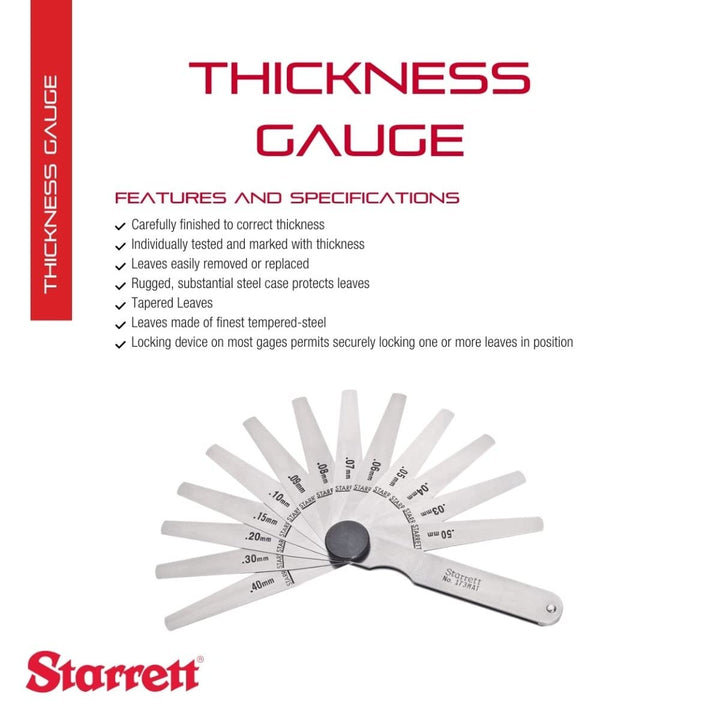Starrett 173MAT Dickenmessgerät-Set mit konischen Flügeln, 0,03-0,50 mm Dicke, 77 mm Länge, 13 Blätt