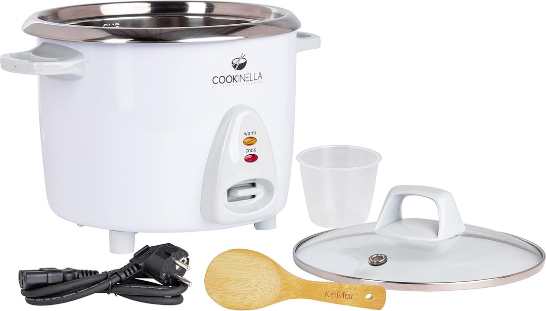 KeMar Kitchenware Cookinella KRC-200 Reiskocher Edelstahltopf | Kompakt (1,4L, 500W, Weiss) | Glasde