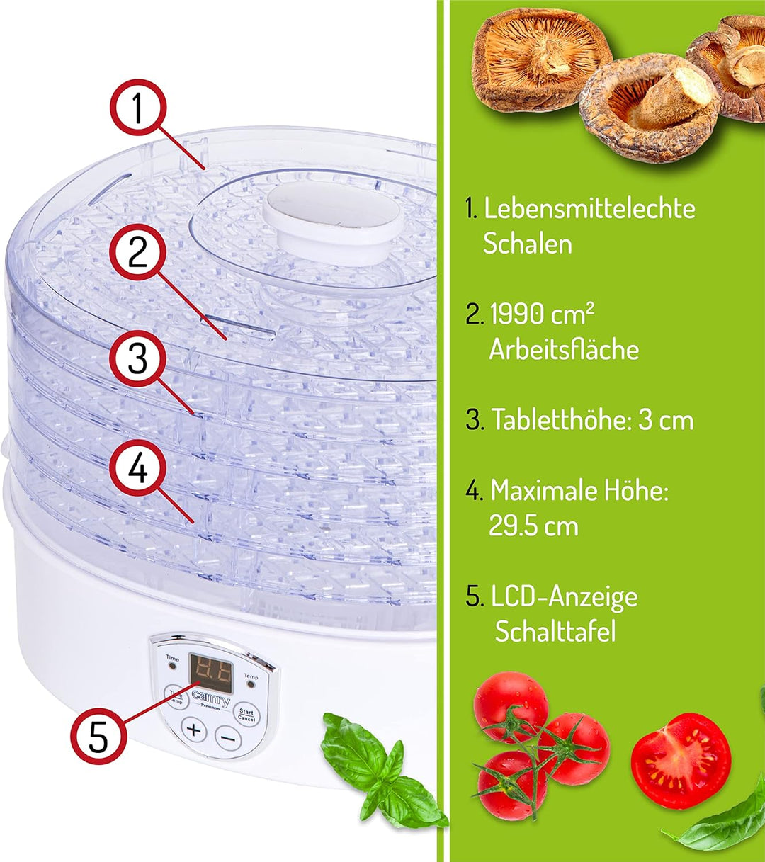 CR6659 CR 6659 Camry Lebensmitteltrockner, 550W, Dörrautomat, Lebensmittel Dehydrator, Dörrgerät für