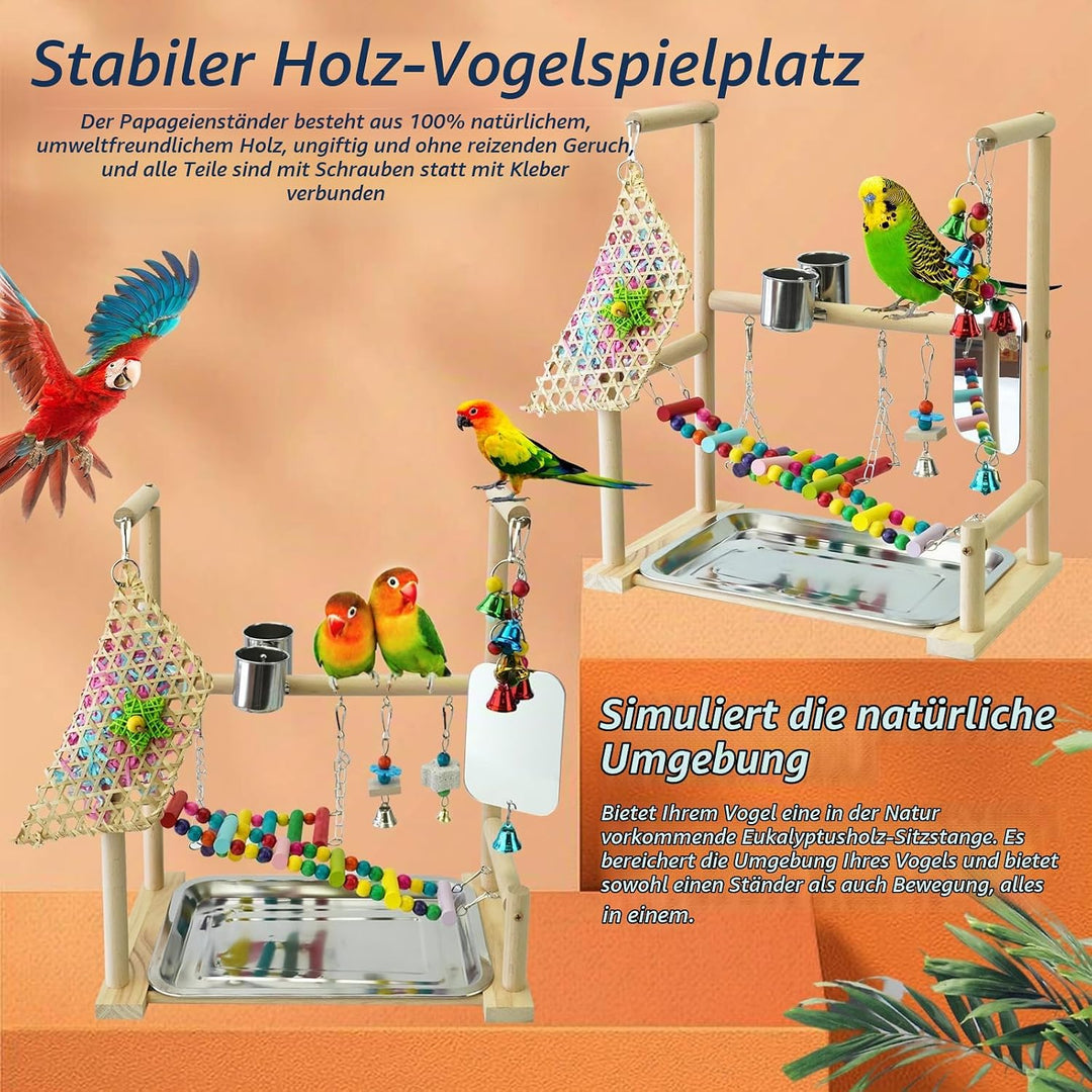 Papageien Spielplatz mit Spiegel Naturholz Vogel Ständer Papageien Spielständer mit Edelstahl Futter