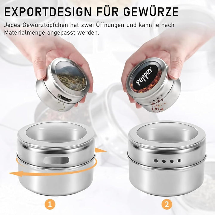 24 Stück Edelstahl Magnetische Gewürzdosen mit Deckeln, Magnet Gewürz Aufbewahrung Dosen Set mit 48