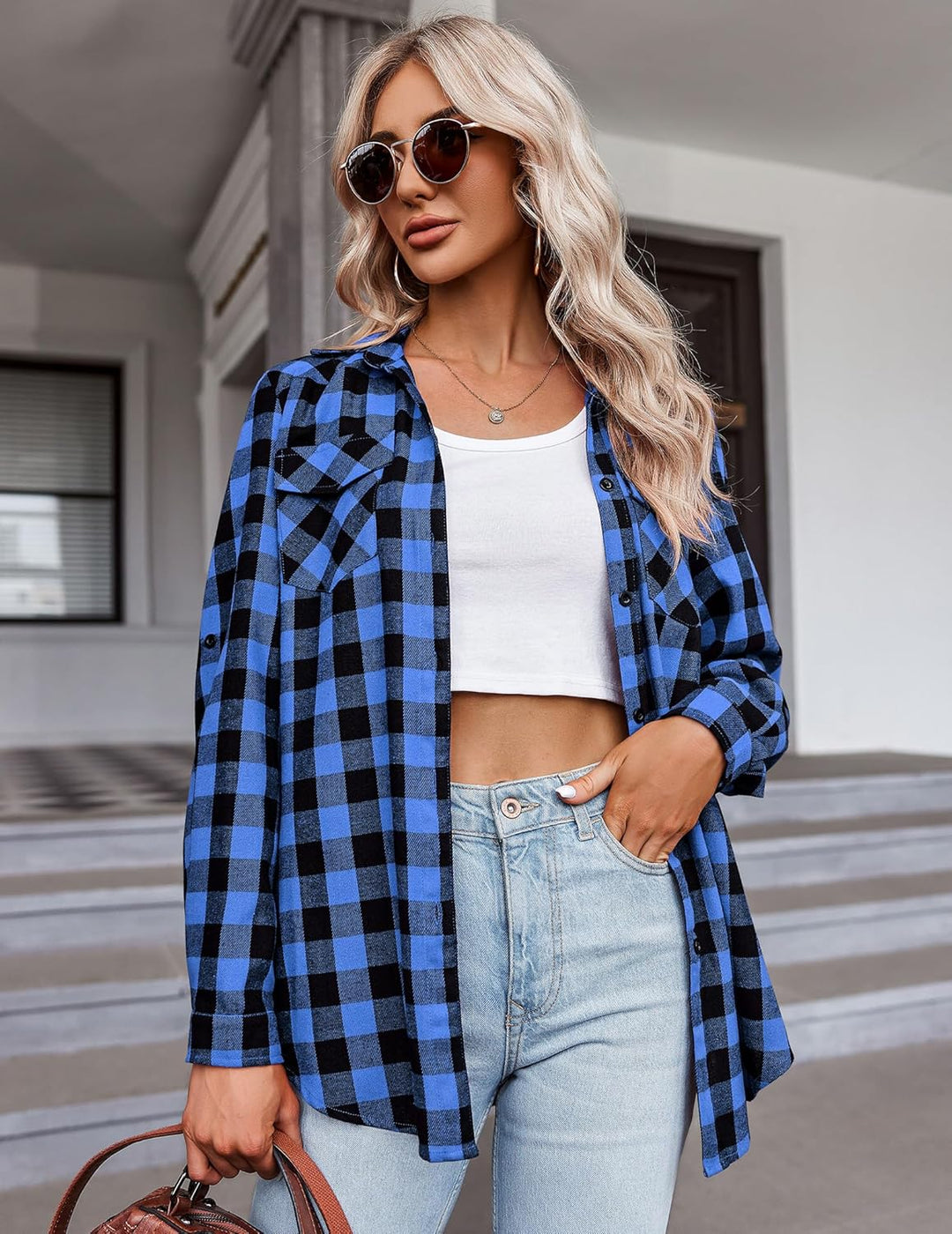 Zeagoo Karierte Hemd Damen Langarm Trachtenbluse Baumwolle Karohemd 3/4 Ärmeln Oktoberfest Hemdbluse