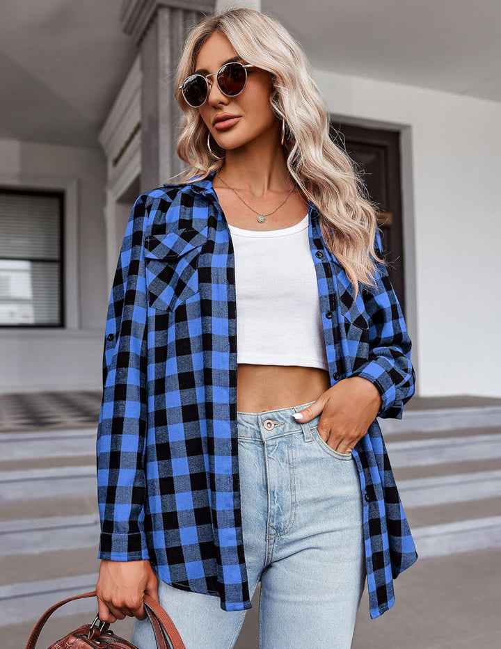Zeagoo Karierte Hemd Damen Langarm Trachtenbluse Baumwolle Karohemd 3/4 Ärmeln Oktoberfest Hemdbluse