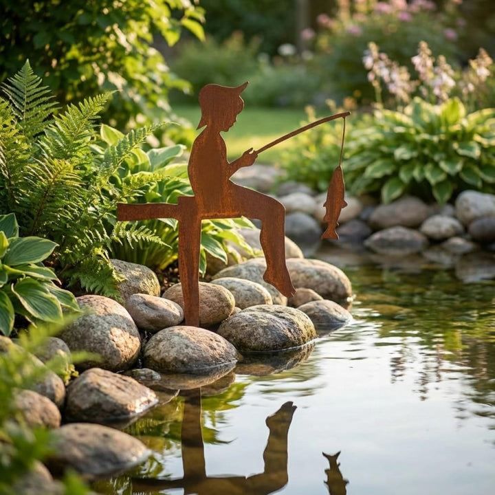 MM Steel Styles Edelrost Angler Gartenstecker-einfach einsteckbare Rostdeko aus hochwertigem Cortens