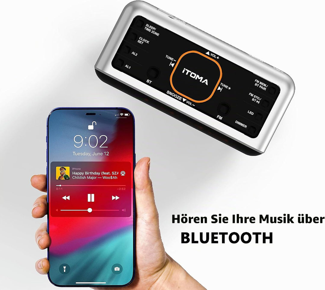 Radiowecker mit App-Steuerung, Bluetooth, FM-Radio, Dual Alarm von 4-Alarmmodi, Easy Snooze, Dimmer,