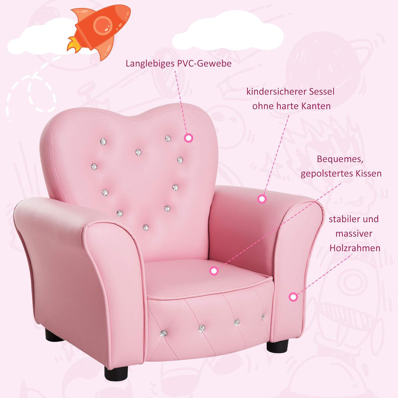 HOMCOM Kindersofa Kindersessel Prinzessin Minisofa Kinderzimmer Sofa herzförmig Rosa L59 x B41,5 x H